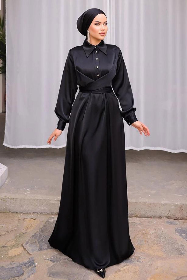 Tesettür giyim SİYAH KUŞAKLI SATEN ELBİSE T 6654 - TRENDTESETTÜR