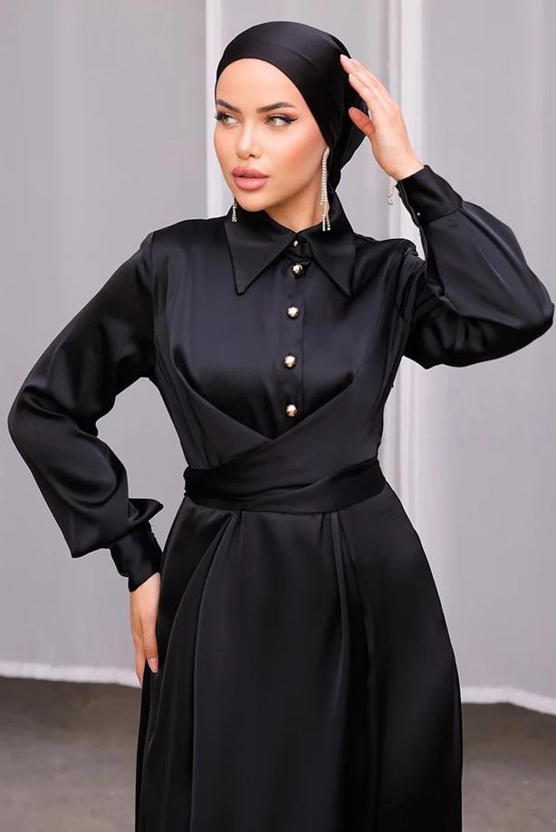 Tesettür giyim SİYAH KUŞAKLI SATEN ELBİSE T 6654 - TRENDTESETTÜR