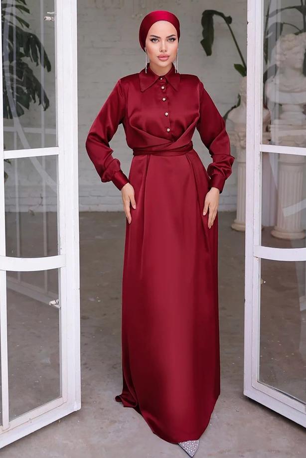 Tesettür giyim BORDO KUŞAKLI SATEN ELBİSE T 6654 - TRENDTESETTÜR