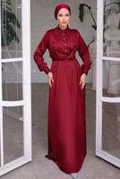 Tesettür giyim BORDO KUŞAKLI SATEN ELBİSE T 6654