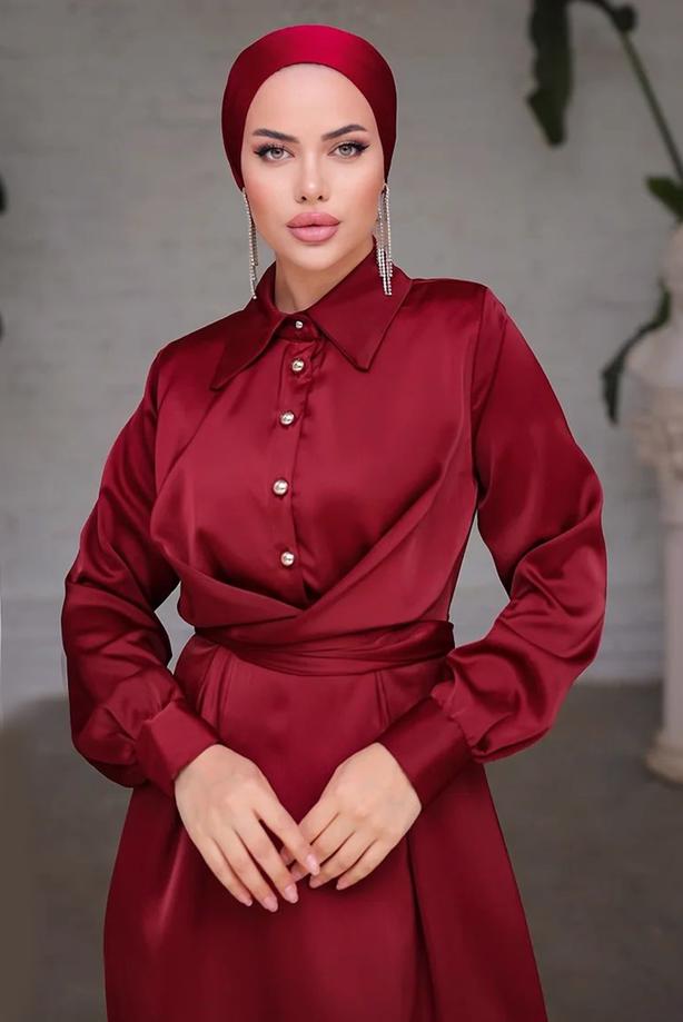 Tesettür giyim BORDO KUŞAKLI SATEN ELBİSE T 6654 - TRENDTESETTÜR