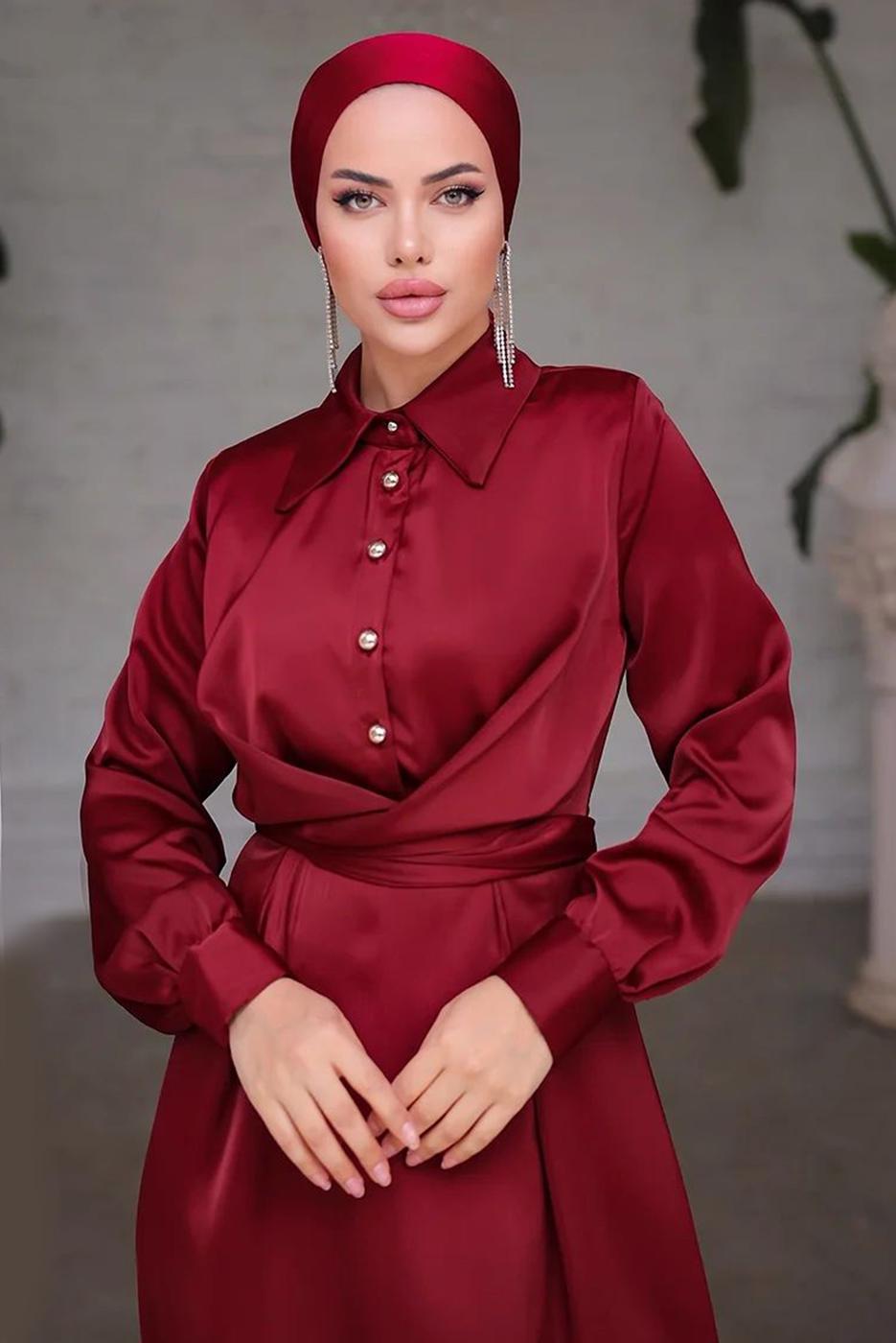 Tesettür giyim BORDO KUŞAKLI SATEN ELBİSE T 6654