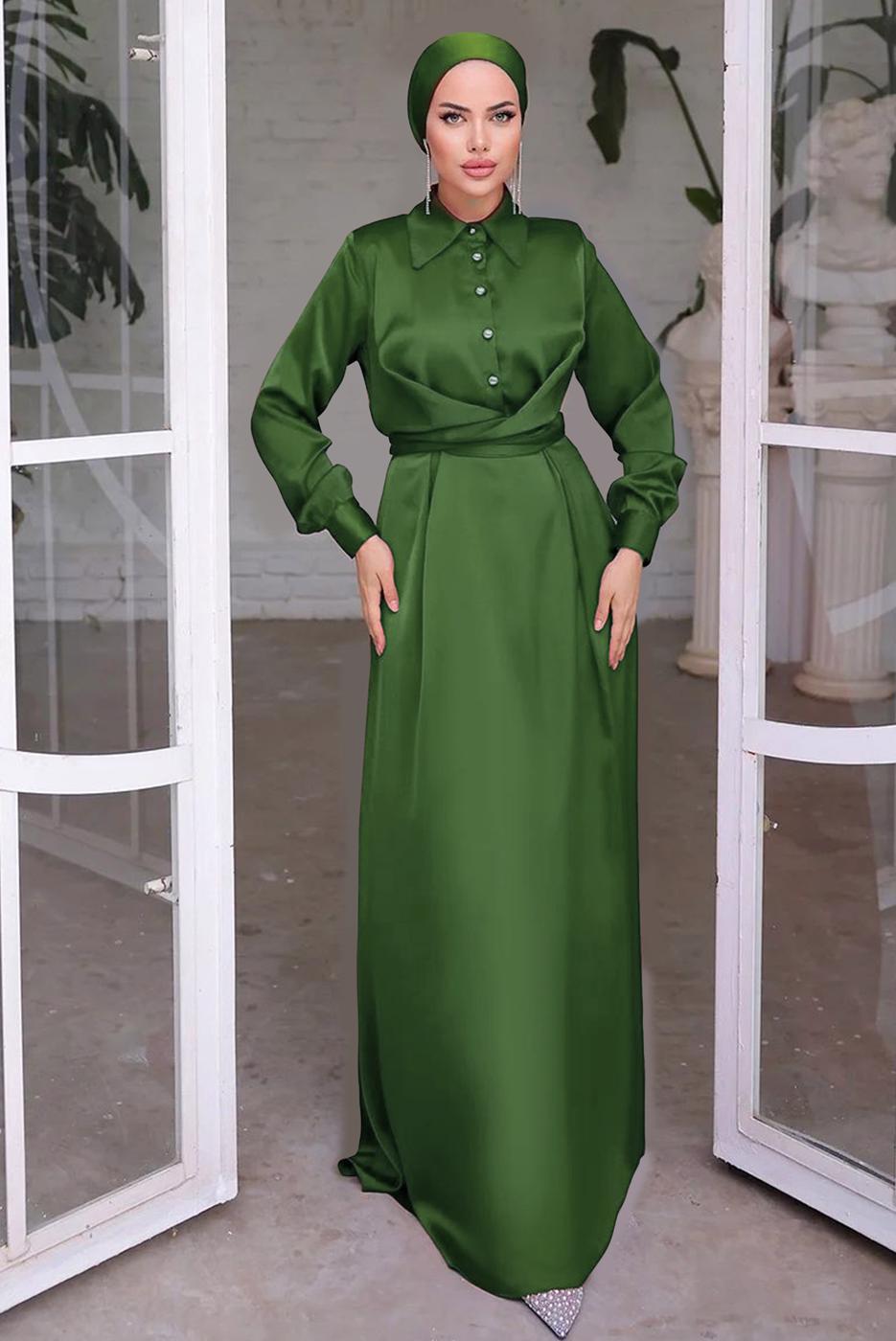 Tesettür giyim HAKİ KUŞAKLI SATEN ELBİSE T 6654