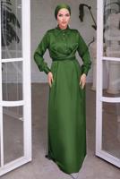 Tesettür giyim HAKİ KUŞAKLI SATEN ELBİSE T 6654