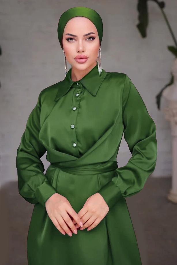 Tesettür giyim HAKİ KUŞAKLI SATEN ELBİSE T 6654 - TRENDTESETTÜR
