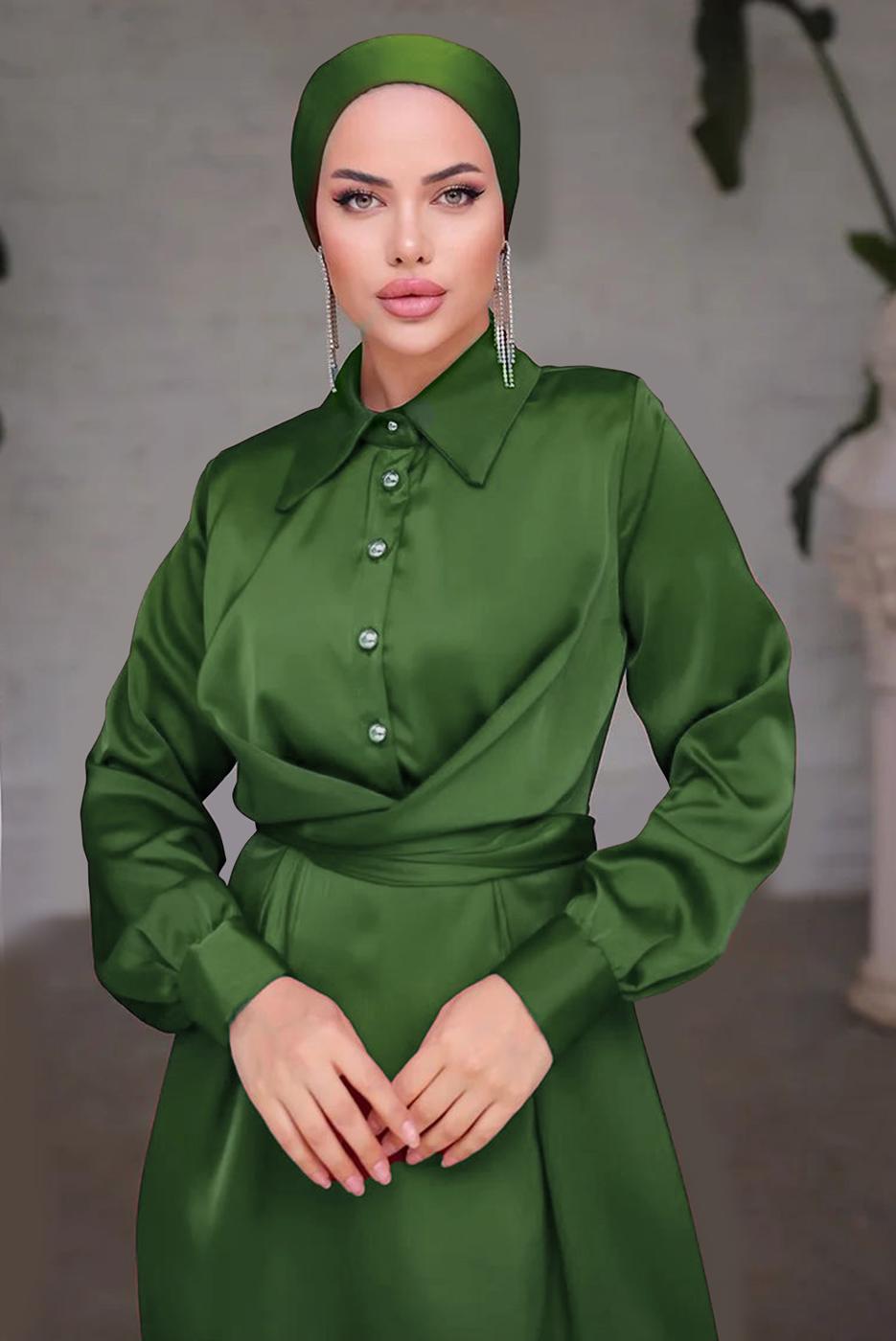 Tesettür giyim HAKİ KUŞAKLI SATEN ELBİSE T 6654