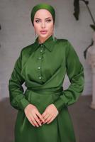 Tesettür giyim HAKİ KUŞAKLI SATEN ELBİSE T 6654