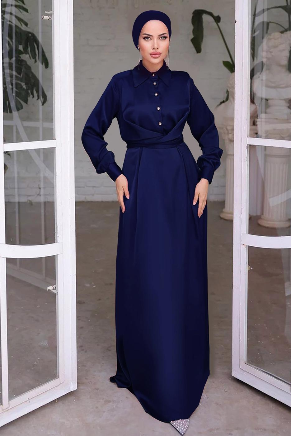 Tesettür giyim LACİVERT KUŞAKLI SATEN ELBİSE T 6654