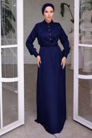 Tesettür giyim LACİVERT KUŞAKLI SATEN ELBİSE T 6654