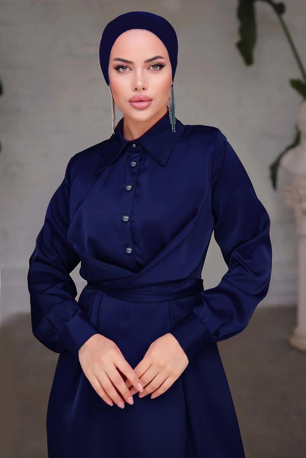 Tesettür giyim LACİVERT KUŞAKLI SATEN ELBİSE T 6654 - TRENDTESETTÜR