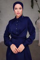 Tesettür giyim LACİVERT KUŞAKLI SATEN ELBİSE T 6654