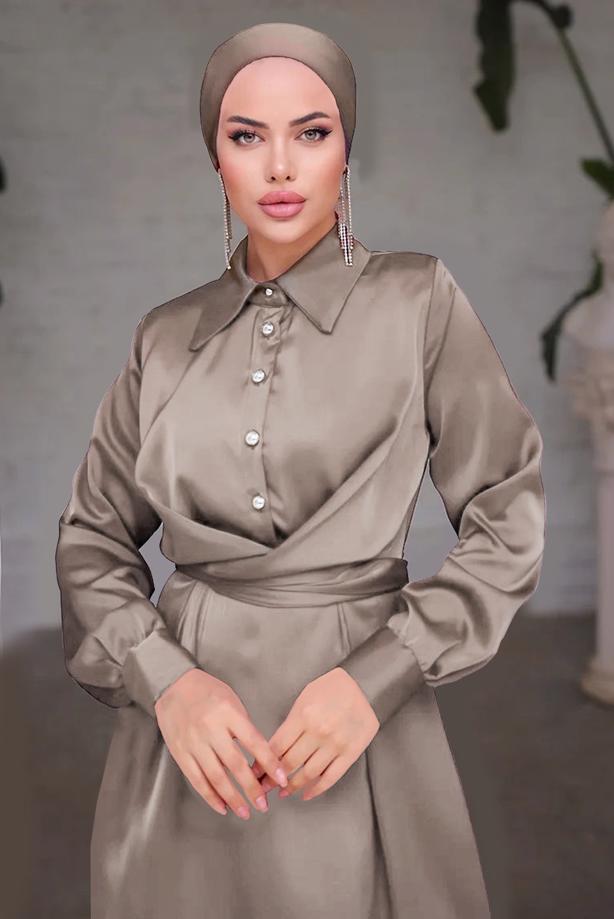 Tesettür giyim VİZON KUŞAKLI SATEN ELBİSE T 6654 - TRENDTESETTÜR