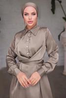 Tesettür giyim VİZON KUŞAKLI SATEN ELBİSE T 6654