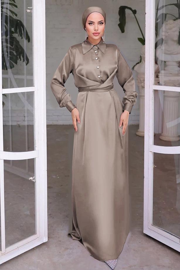 Tesettür giyim VİZON KUŞAKLI SATEN ELBİSE T 6654 - TRENDTESETTÜR