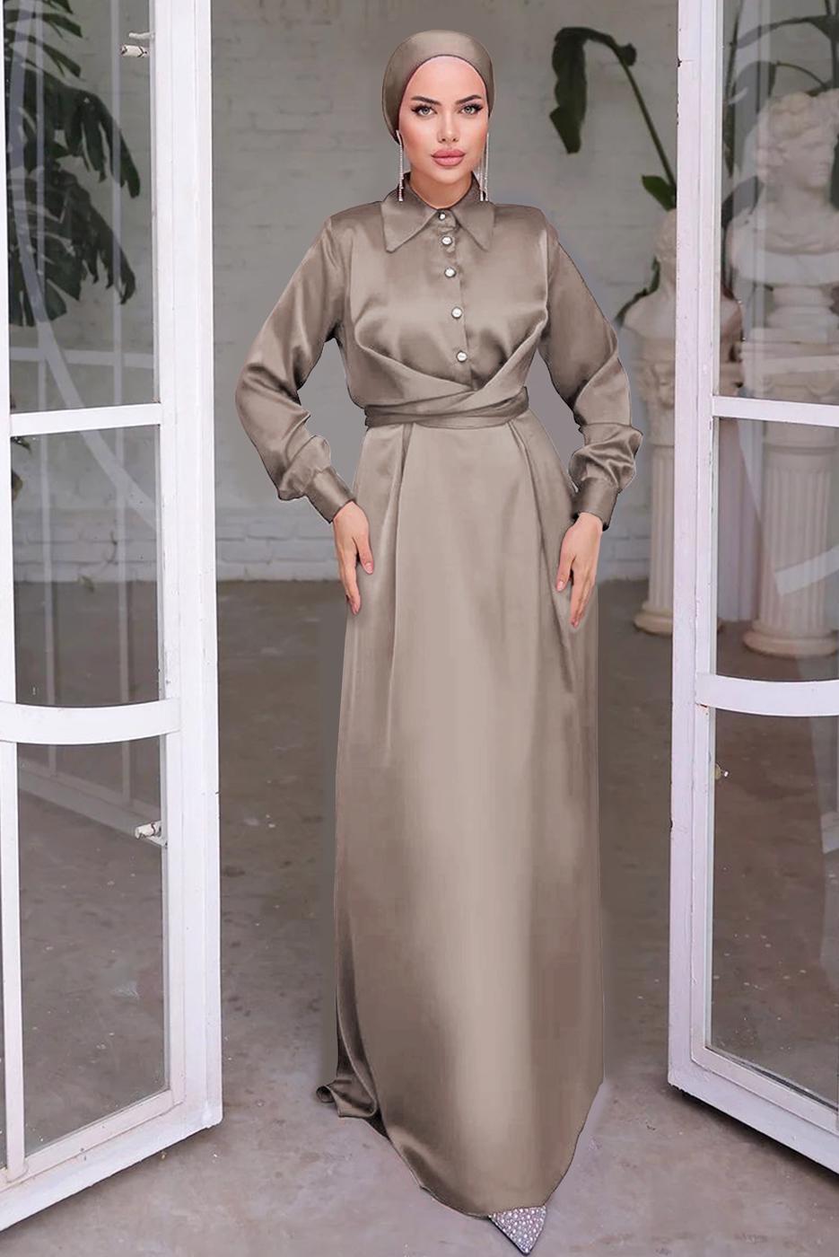 Tesettür giyim VİZON KUŞAKLI SATEN ELBİSE T 6654