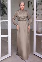 Tesettür giyim VİZON KUŞAKLI SATEN ELBİSE T 6654