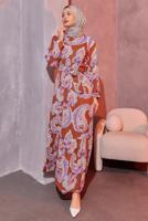 Tesettür giyim KAHVE KUŞAKLI DESENLİ ELBİSE T 6693
