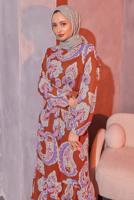 Tesettür giyim KAHVE KUŞAKLI DESENLİ ELBİSE T 6693