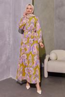 Tesettür giyim YEŞİL KUŞAKLI DESENLİ ELBİSE T 6693