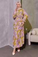 Tesettür giyim YEŞİL KUŞAKLI DESENLİ ELBİSE T 6693