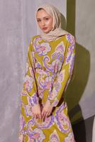 Tesettür giyim YEŞİL KUŞAKLI DESENLİ ELBİSE T 6693