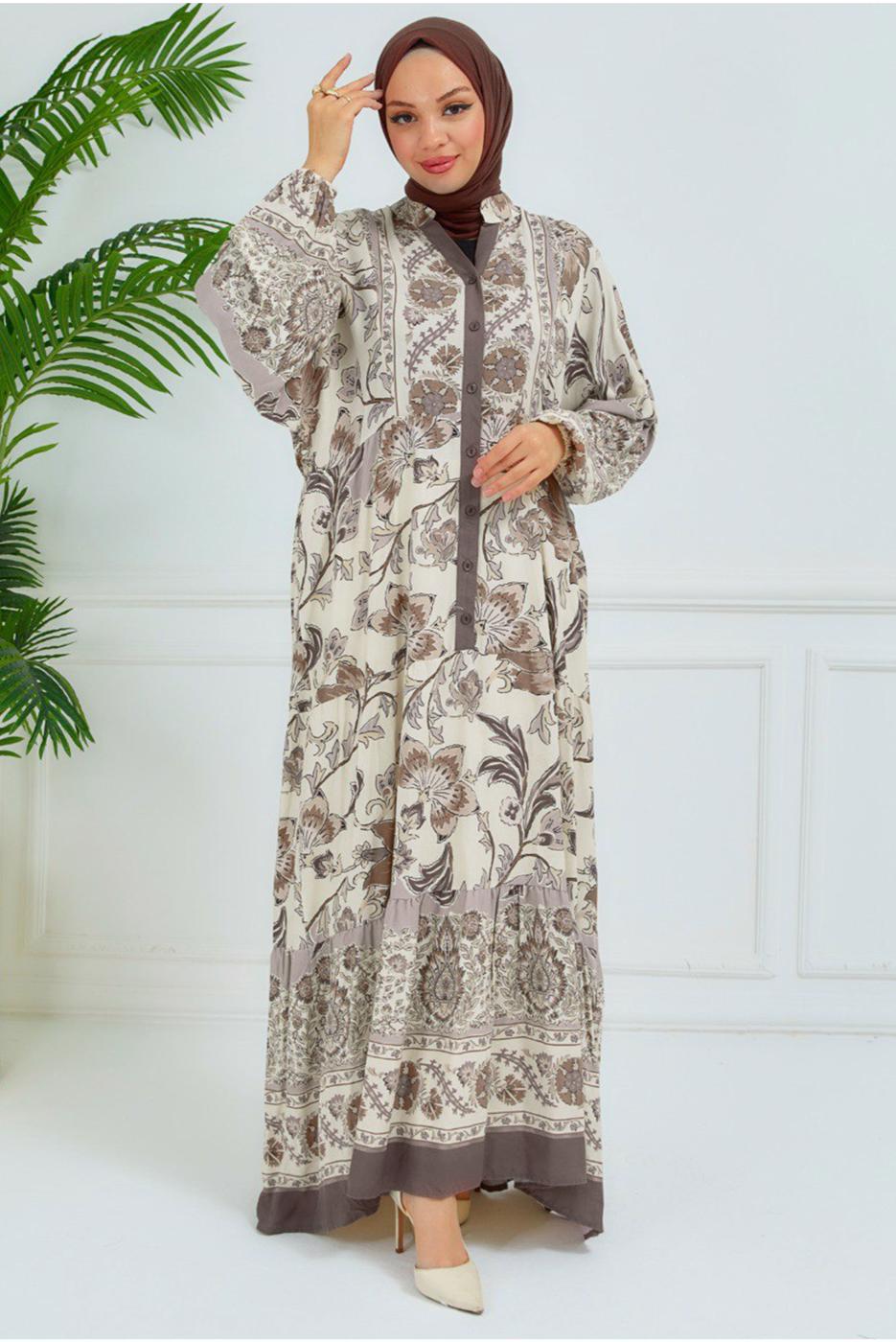 Tesettür giyim BEJ DESENLİ VİSKON ELBİSE T 6804