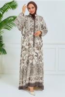 Tesettür giyim BEJ DESENLİ VİSKON ELBİSE T 6804