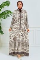 Tesettür giyim BEJ DESENLİ VİSKON ELBİSE T 6804