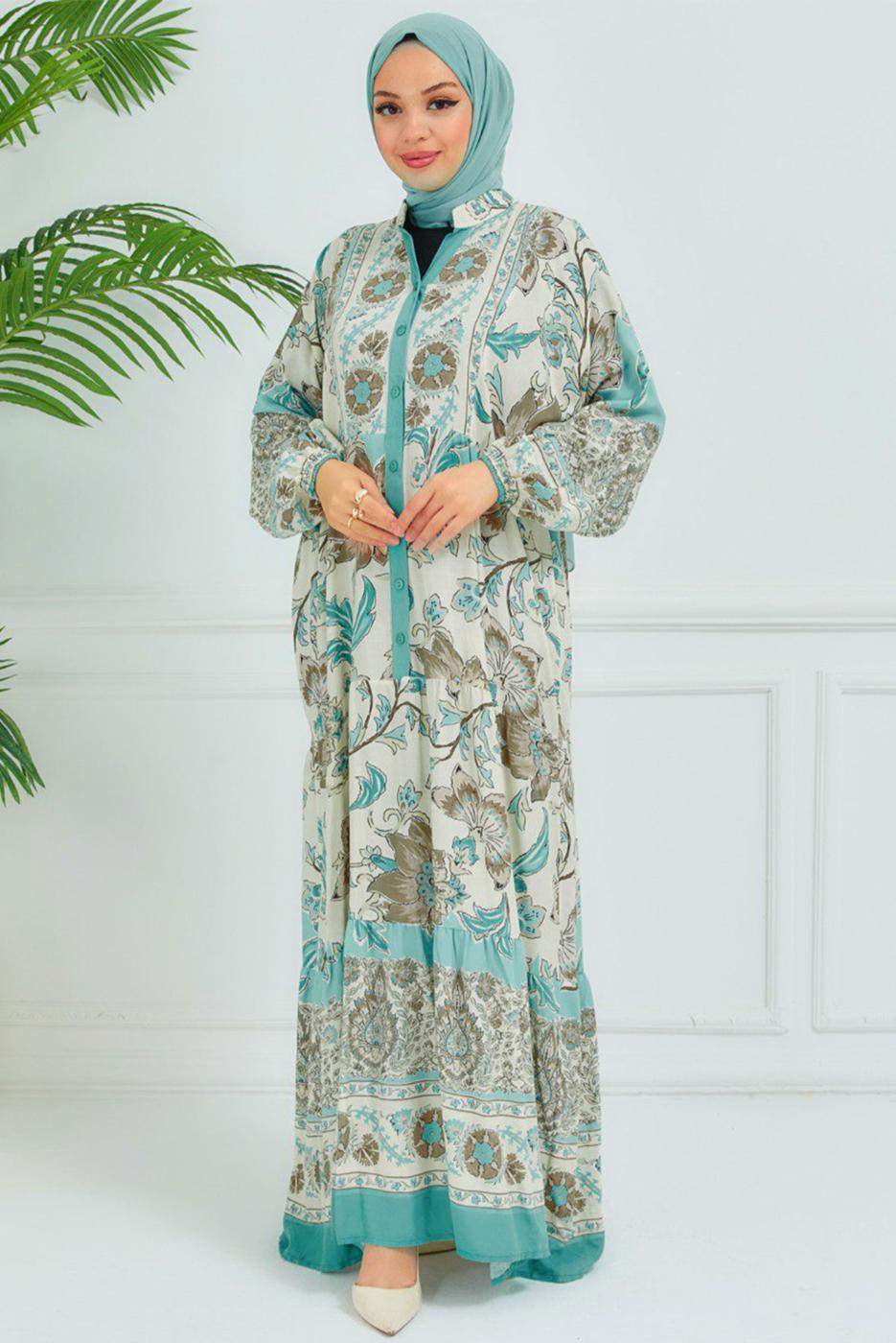 Tesettür giyim BEJ DESENLİ VİSKON ELBİSE T 6804