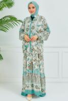 Tesettür giyim BEJ DESENLİ VİSKON ELBİSE T 6804