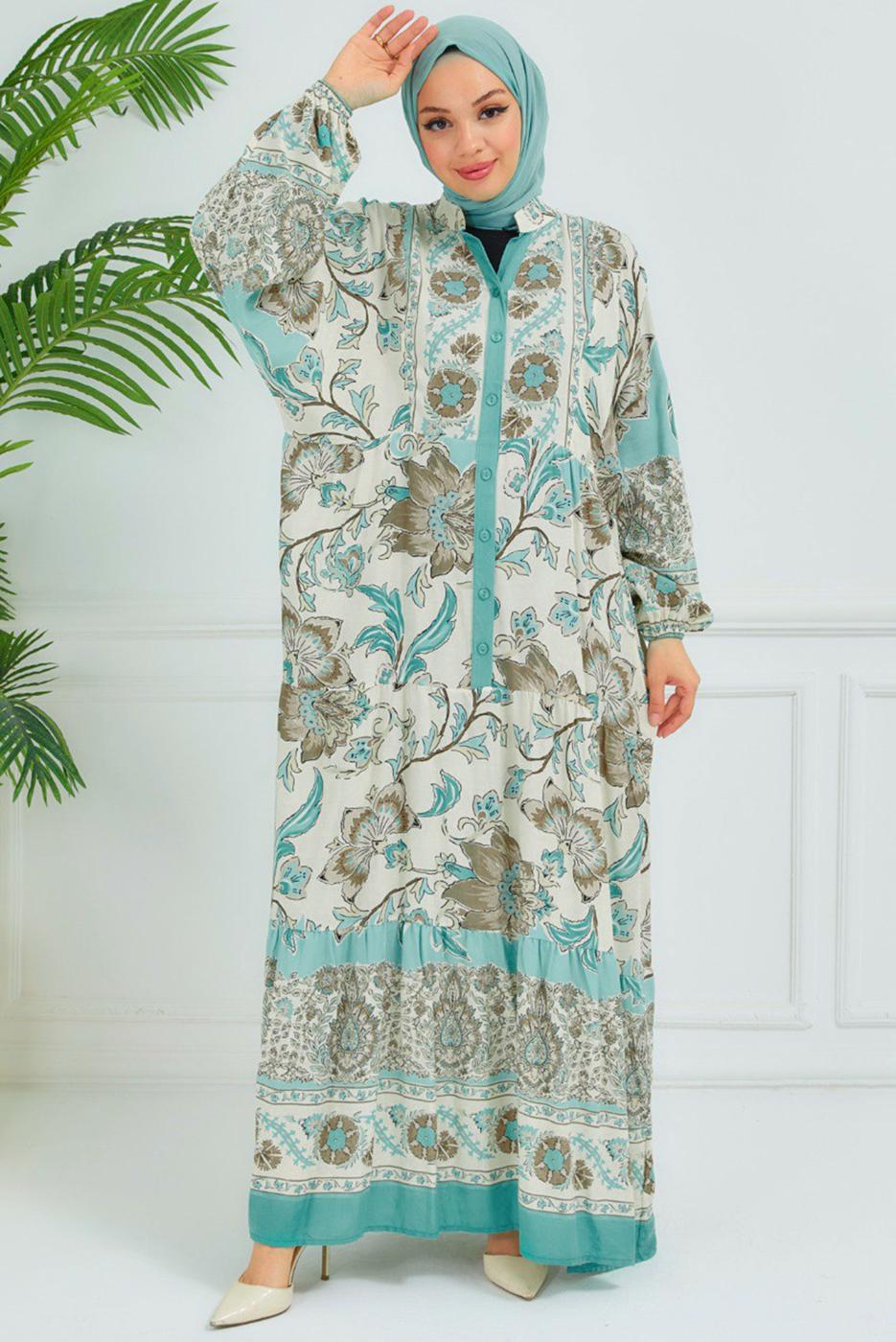 Tesettür giyim BEJ DESENLİ VİSKON ELBİSE T 6804