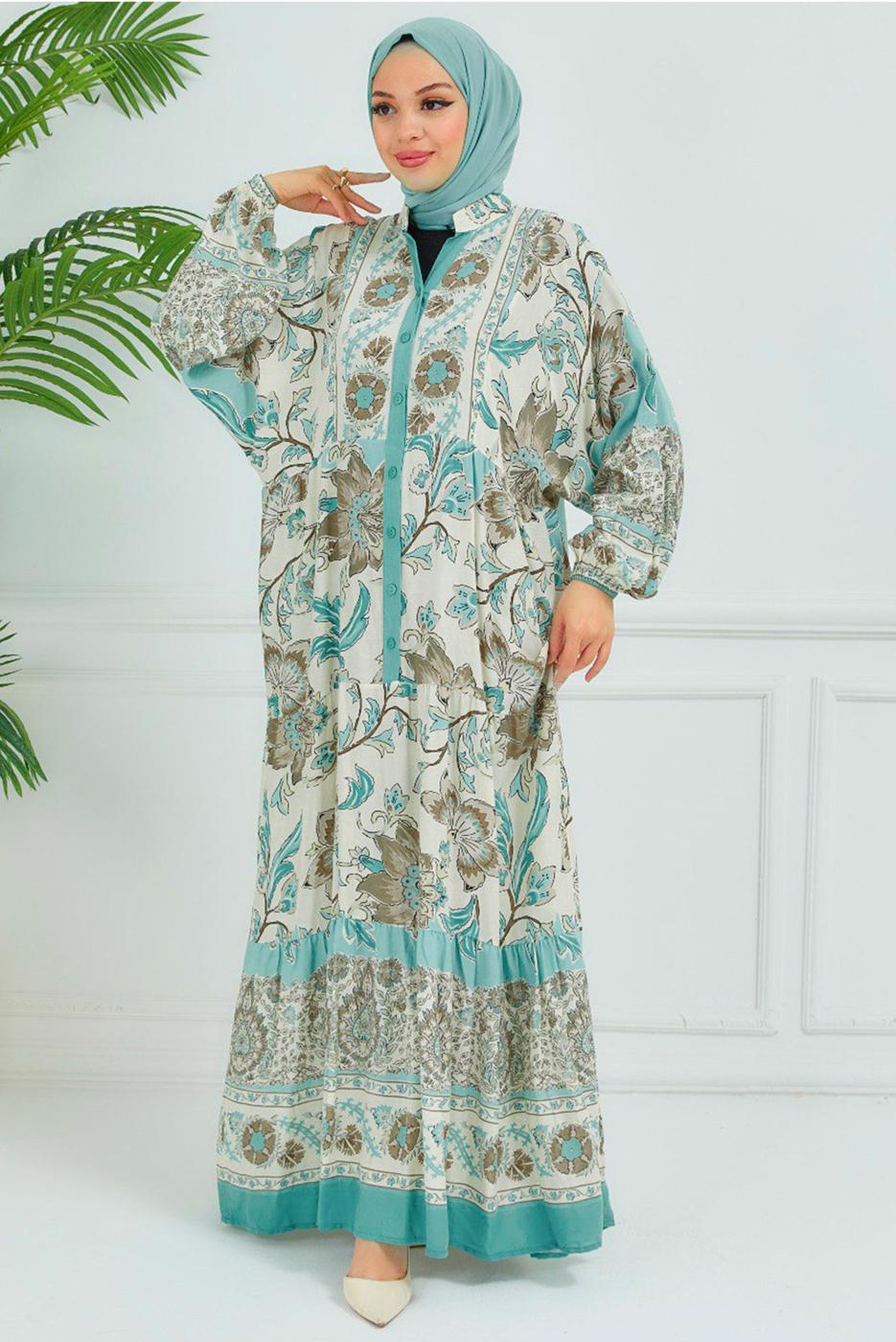 Tesettür giyim BEJ DESENLİ VİSKON ELBİSE T 6804