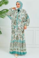 Tesettür giyim BEJ DESENLİ VİSKON ELBİSE T 6804