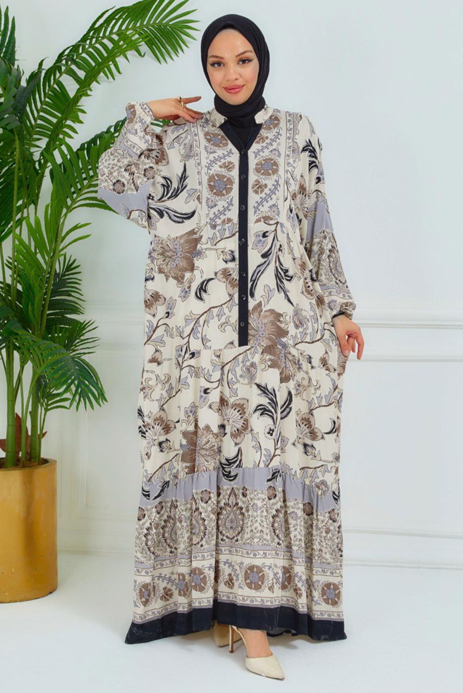 Tesettür giyim BEJ DESENLİ VİSKON ELBİSE T 6804