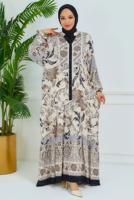 Tesettür giyim BEJ DESENLİ VİSKON ELBİSE T 6804