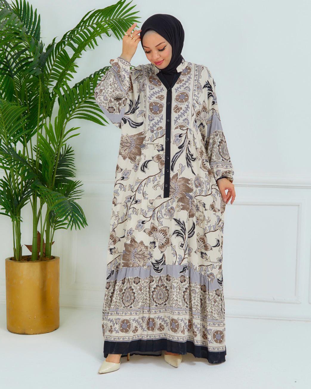 Tesettür giyim BEJ DESENLİ VİSKON ELBİSE T 6804