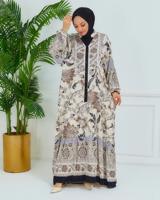 Tesettür giyim BEJ DESENLİ VİSKON ELBİSE T 6804