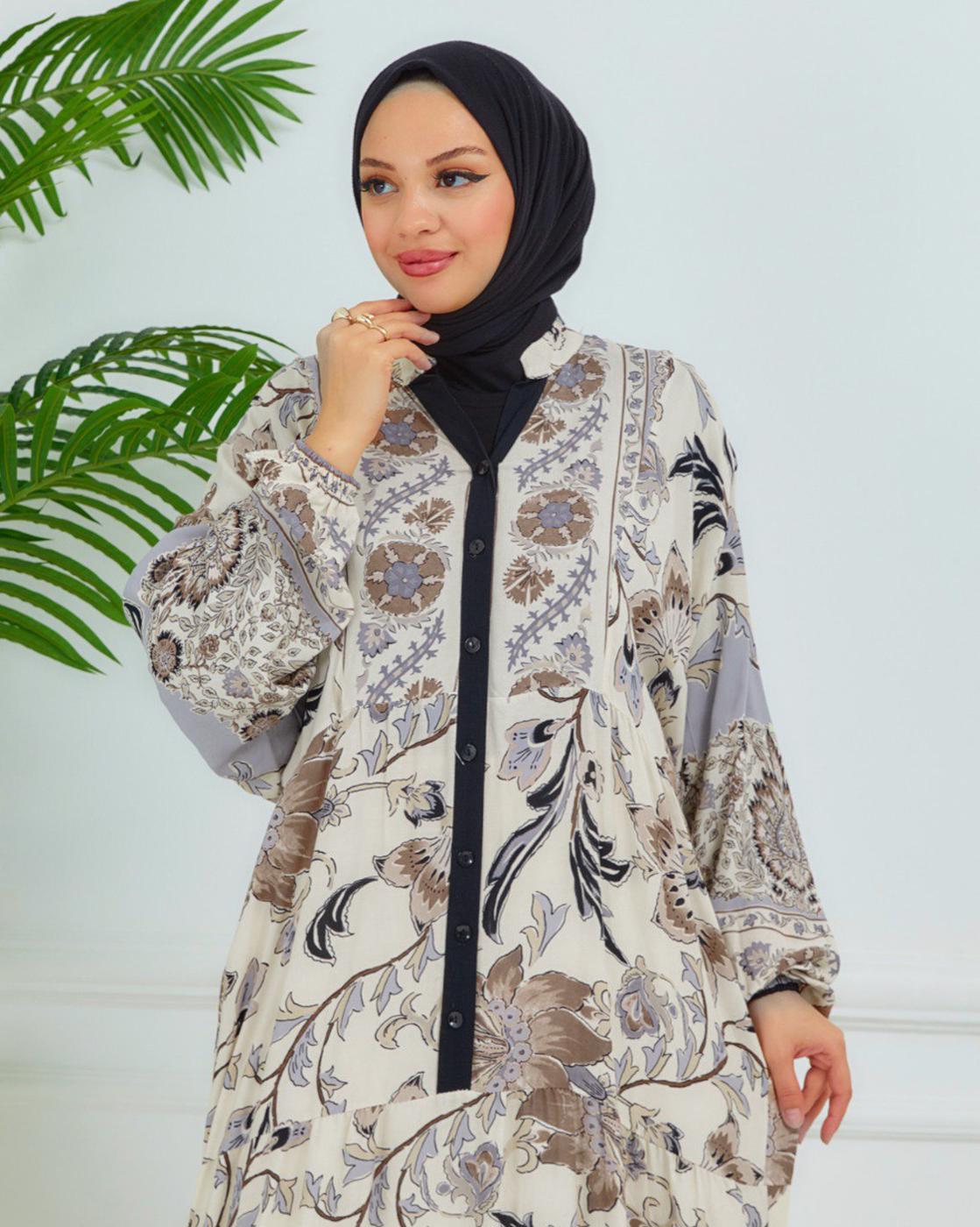 Tesettür giyim BEJ DESENLİ VİSKON ELBİSE T 6804