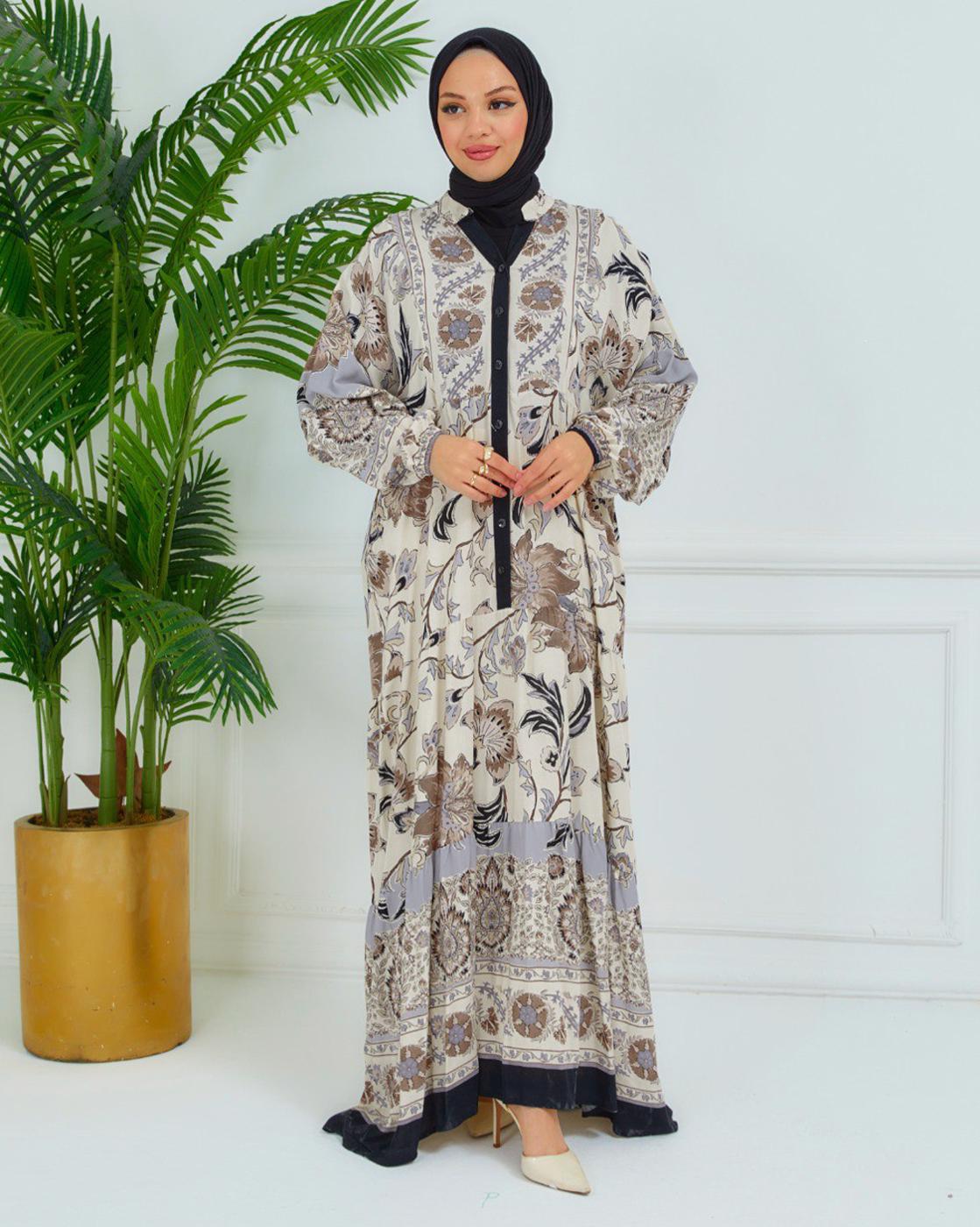 Tesettür giyim BEJ DESENLİ VİSKON ELBİSE T 6804