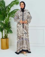 Tesettür giyim BEJ DESENLİ VİSKON ELBİSE T 6804