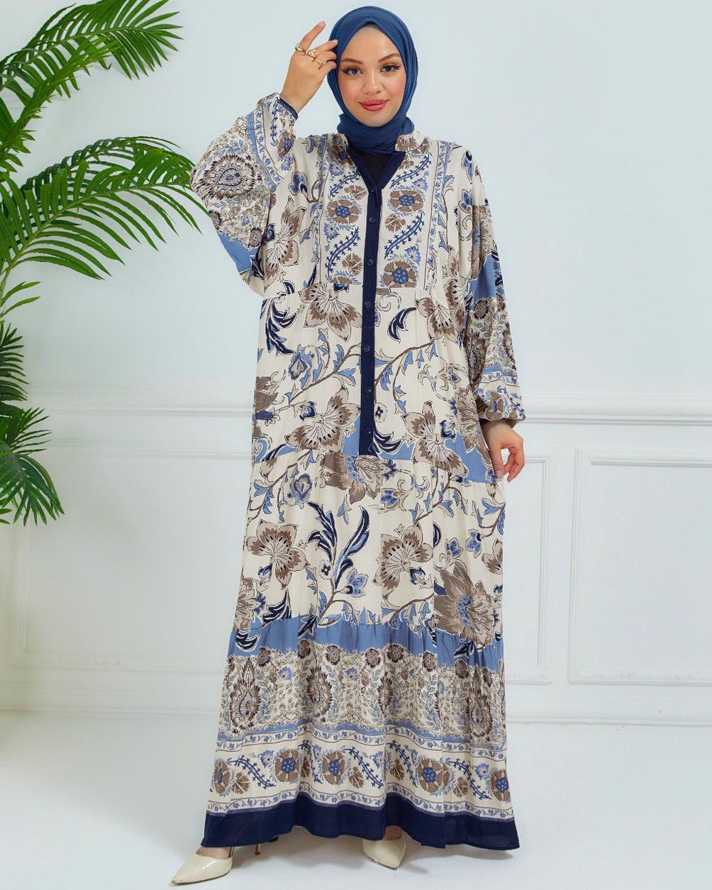 Tesettür giyim BEJ DESENLİ VİSKON ELBİSE T 6804