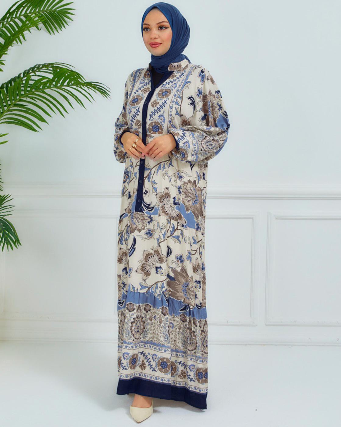Tesettür giyim BEJ DESENLİ VİSKON ELBİSE T 6804