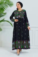Tesettür giyim SİYAH DESENLİ VİSKON ELBİSE T 6830