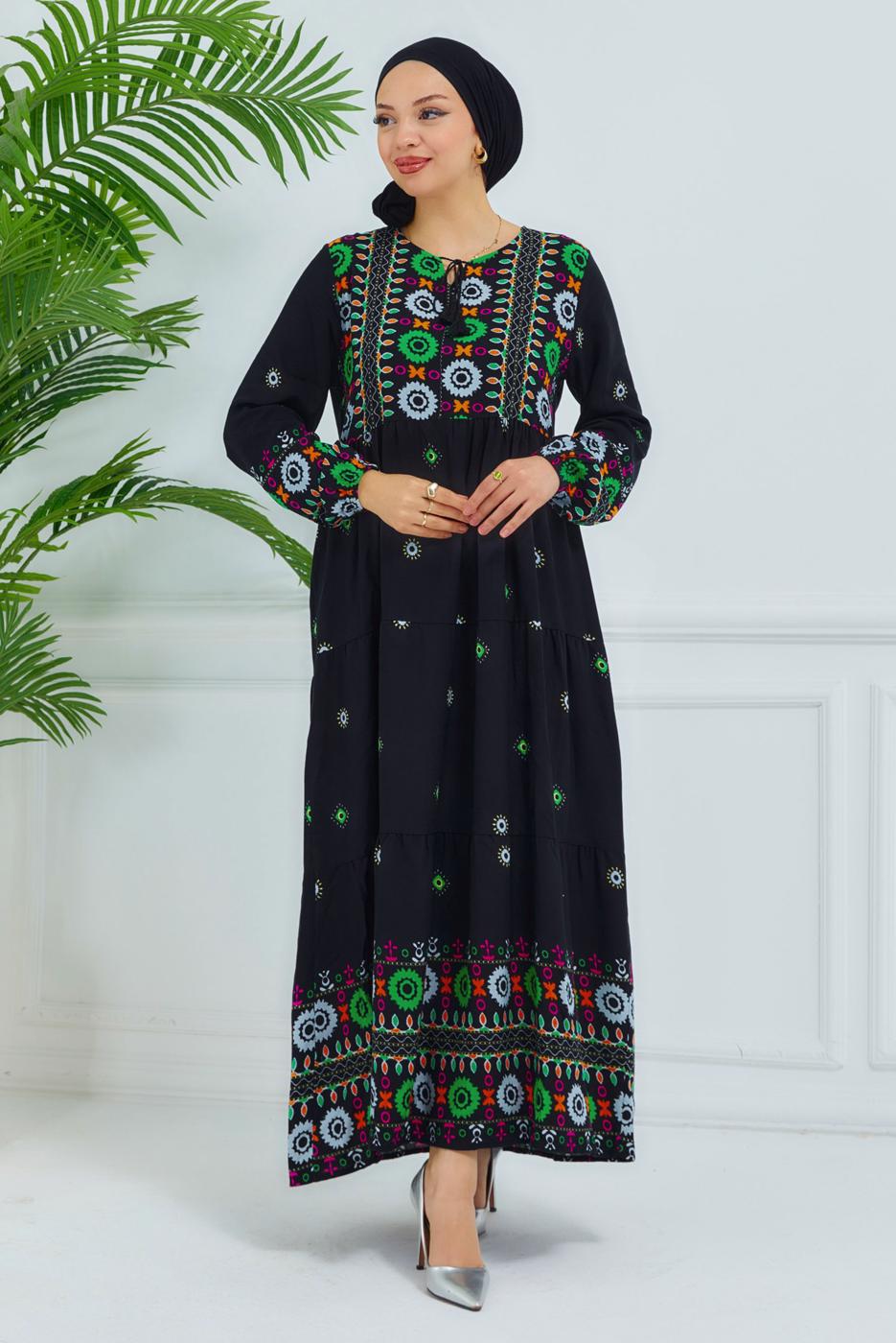 Tesettür giyim SİYAH DESENLİ VİSKON ELBİSE T 6830