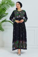 Tesettür giyim SİYAH DESENLİ VİSKON ELBİSE T 6830