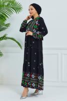Tesettür giyim SİYAH DESENLİ VİSKON ELBİSE T 6830