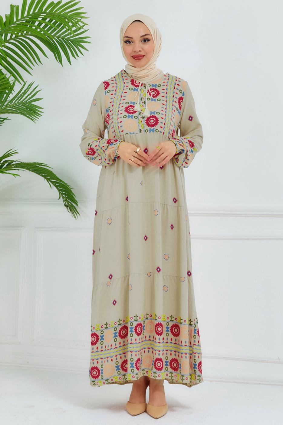 Tesettür giyim BEJ DESENLİ VİSKON ELBİSE T 6830