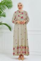 Tesettür giyim BEJ DESENLİ VİSKON ELBİSE T 6830