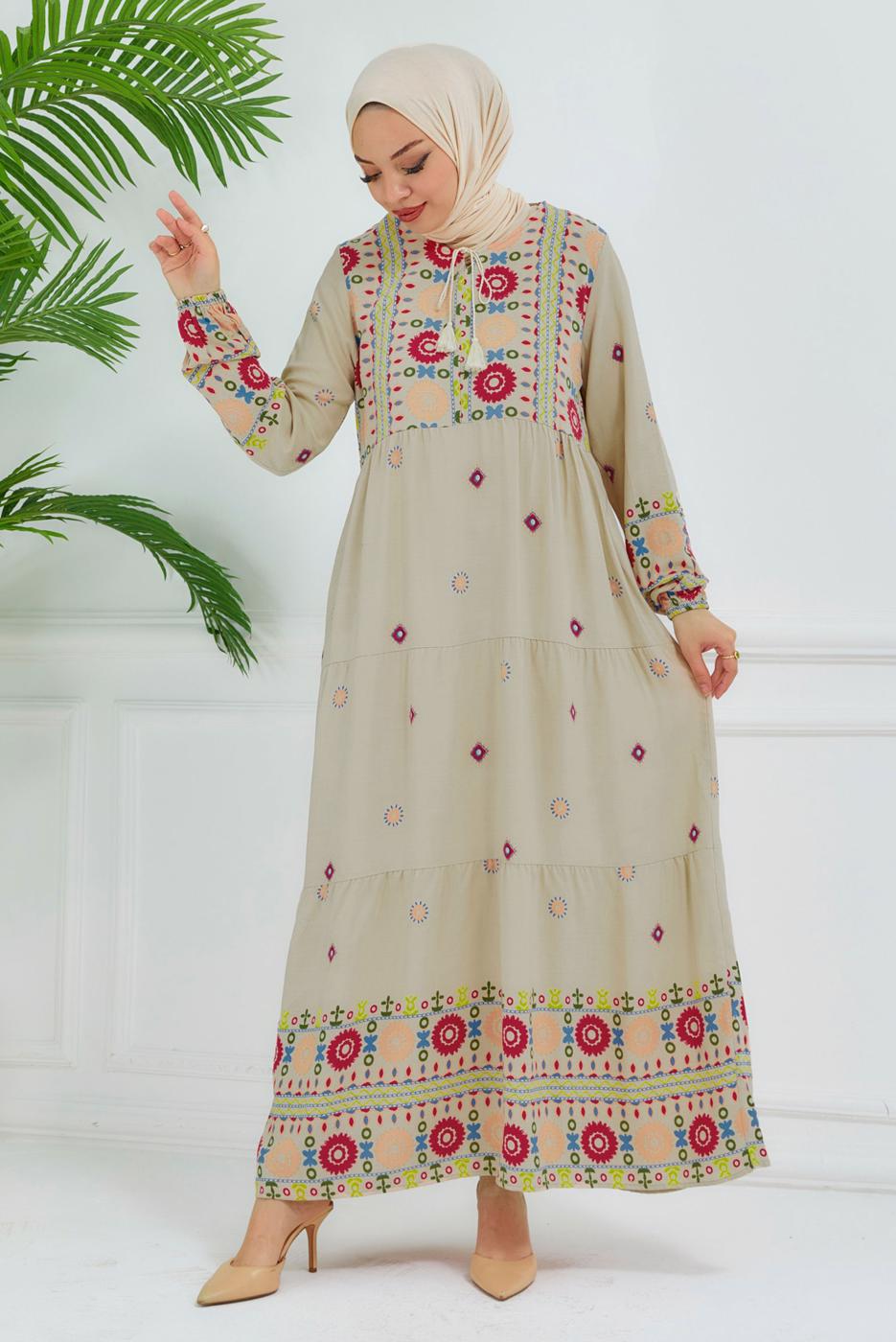 Tesettür giyim BEJ DESENLİ VİSKON ELBİSE T 6830