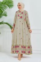 Tesettür giyim BEJ DESENLİ VİSKON ELBİSE T 6830